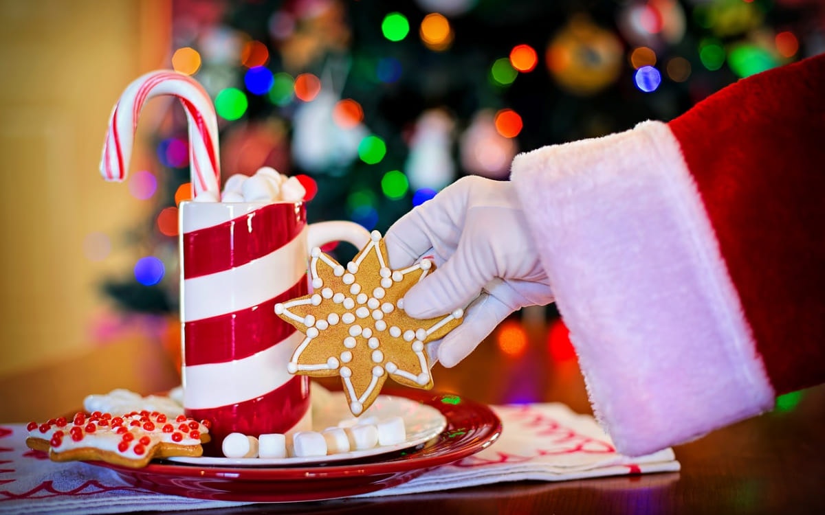 Weihnachtsmann hält Plätzchen vor rot-weiß-gestreifte Tasse mit Marshmallows und Zuckerstange