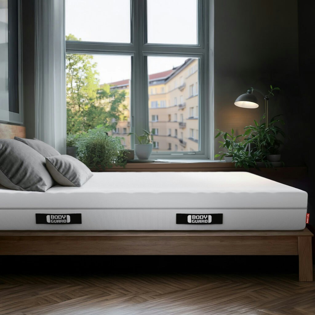Ein Schlafzimmer mit einer Matratze auf dem Bett.